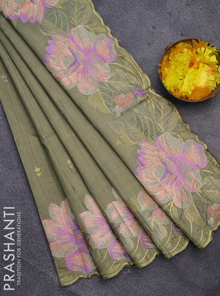 Semi raw silk saree elaichi green with embroidery work buttas and floral design embroidery work border