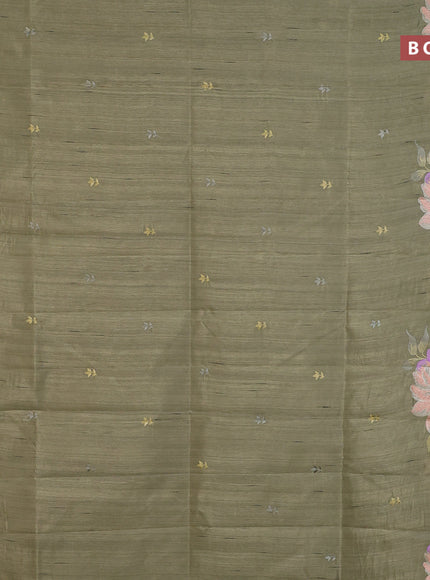 Semi raw silk saree elaichi green with embroidery work buttas and floral design embroidery work border