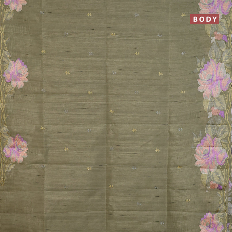 Semi raw silk saree elaichi green with embroidery work buttas and floral design embroidery work border