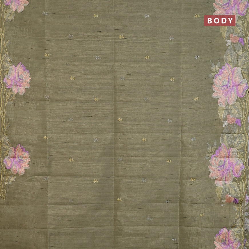 Semi raw silk saree elaichi green with embroidery work buttas and floral design embroidery work border