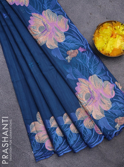 Semi raw silk saree peacock blue with embroidery work buttas and floral design embroidery work border