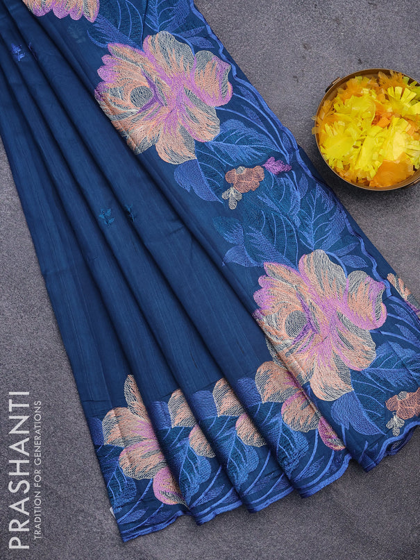 Semi raw silk saree peacock blue with embroidery work buttas and floral design embroidery work border