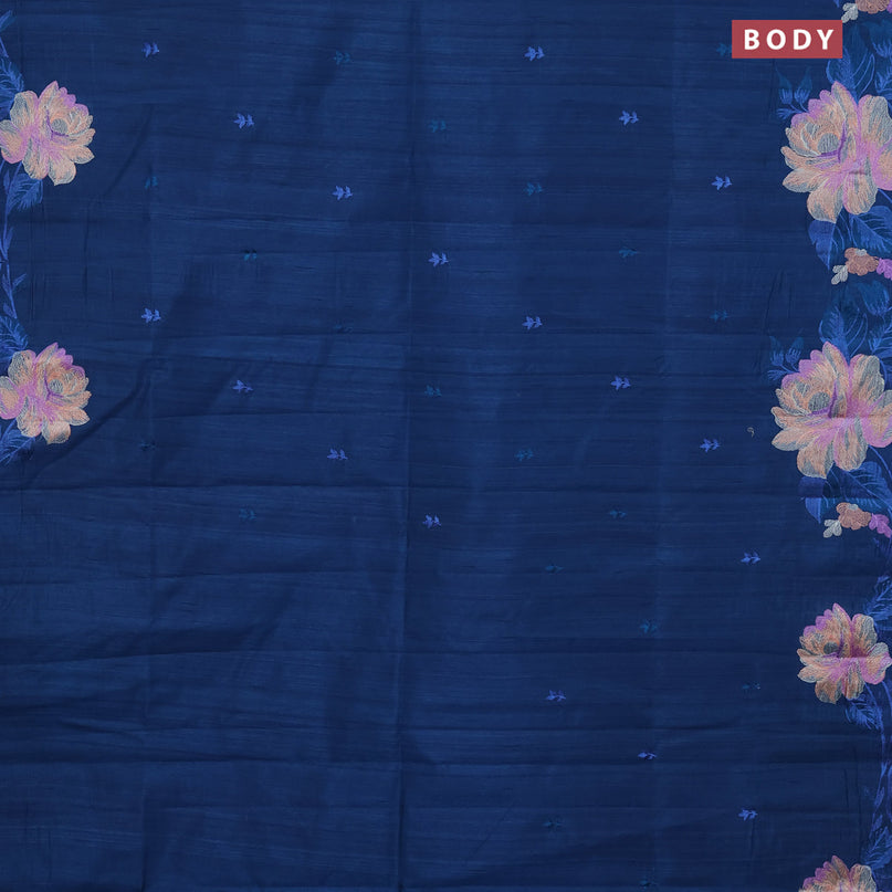 Semi raw silk saree peacock blue with embroidery work buttas and floral design embroidery work border