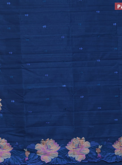 Semi raw silk saree peacock blue with embroidery work buttas and floral design embroidery work border