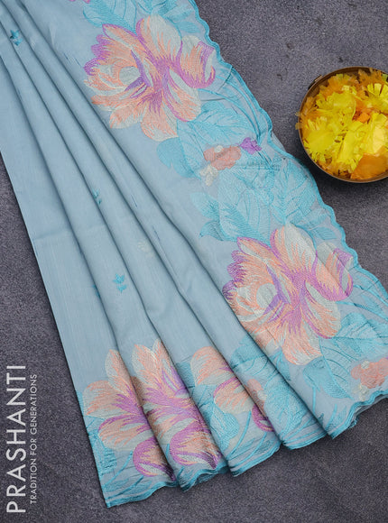 Semi raw silk saree pastel blue with embroidery work buttas and floral design embroidery work border