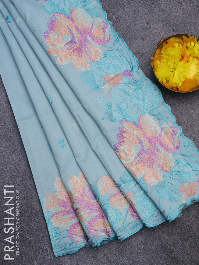 Semi raw silk saree pastel blue with embroidery work buttas and floral design embroidery work border