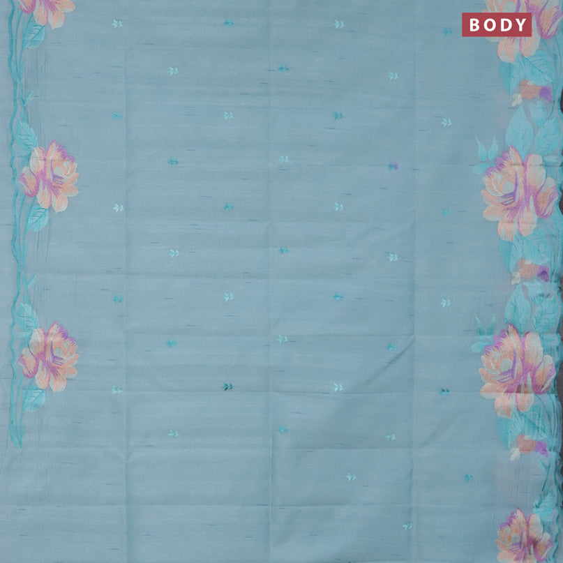 Semi raw silk saree pastel blue with embroidery work buttas and floral design embroidery work border