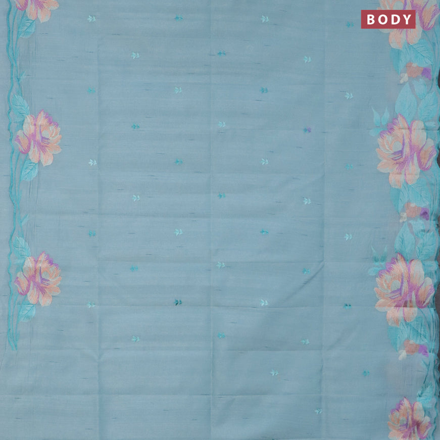 Semi raw silk saree pastel blue with embroidery work buttas and floral design embroidery work border