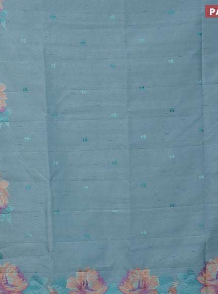 Semi raw silk saree pastel blue with embroidery work buttas and floral design embroidery work border