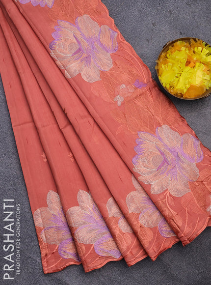 Semi raw silk saree rustic orange with embroidery work buttas and floral design embroidery work border