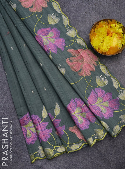 Semi raw silk saree greyish green with embroidery work buttas and floral design embroidery work border