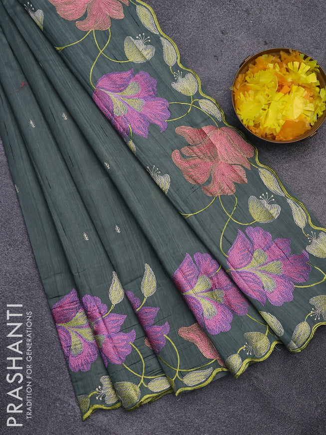 Semi raw silk saree greyish green with embroidery work buttas and floral design embroidery work border