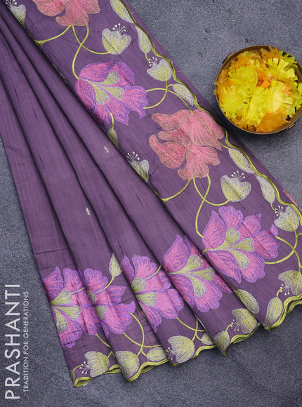 Semi raw silk saree pastel purple with embroidery work buttas and floral design embroidery work border