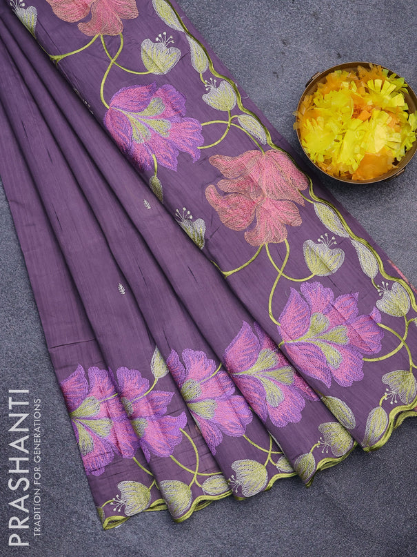 Semi raw silk saree pastel purple with embroidery work buttas and floral design embroidery work border