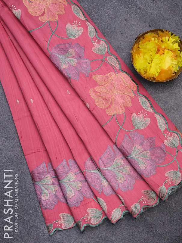 Semi raw silk saree peach pink with embroidery work buttas and floral design embroidery work border