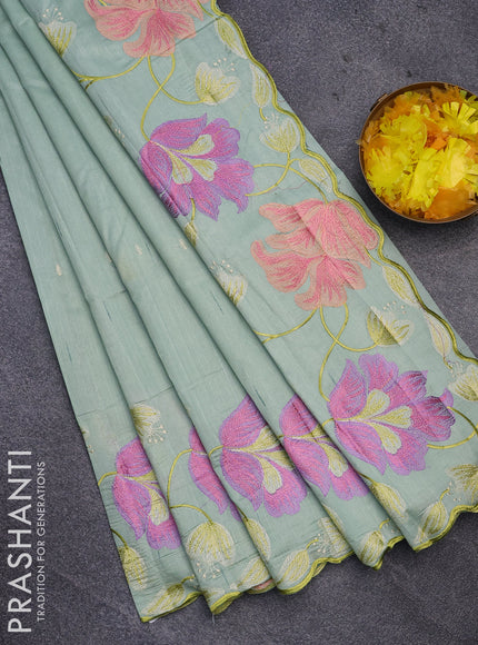 Semi raw silk saree pastel green with embroidery work buttas and floral design embroidery work border