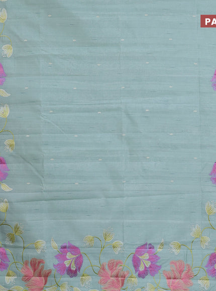 Semi raw silk saree pastel green with embroidery work buttas and floral design embroidery work border