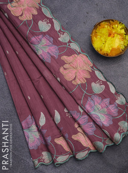 Semi raw silk saree rose brown with embroidery work buttas and floral design embroidery work border