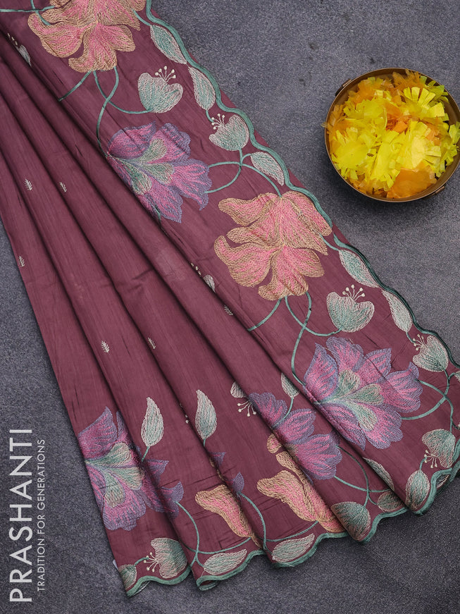 Semi raw silk saree rose brown with embroidery work buttas and floral design embroidery work border