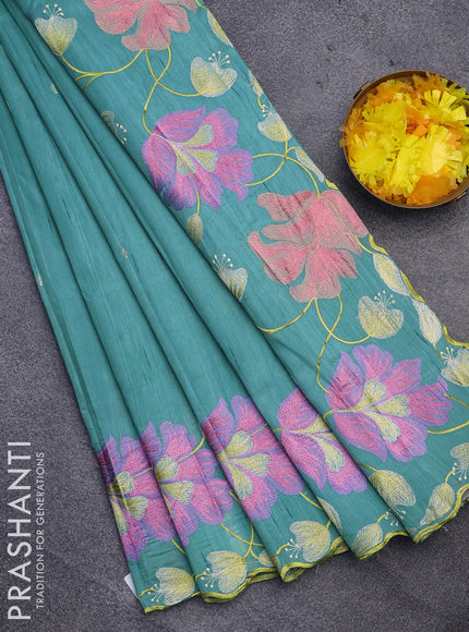 Semi raw silk saree teal blue with embroidery work buttas and floral design embroidery work border