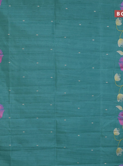 Semi raw silk saree teal blue with embroidery work buttas and floral design embroidery work border