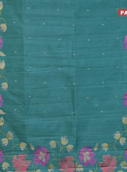 Semi raw silk saree teal blue with embroidery work buttas and floral design embroidery work border