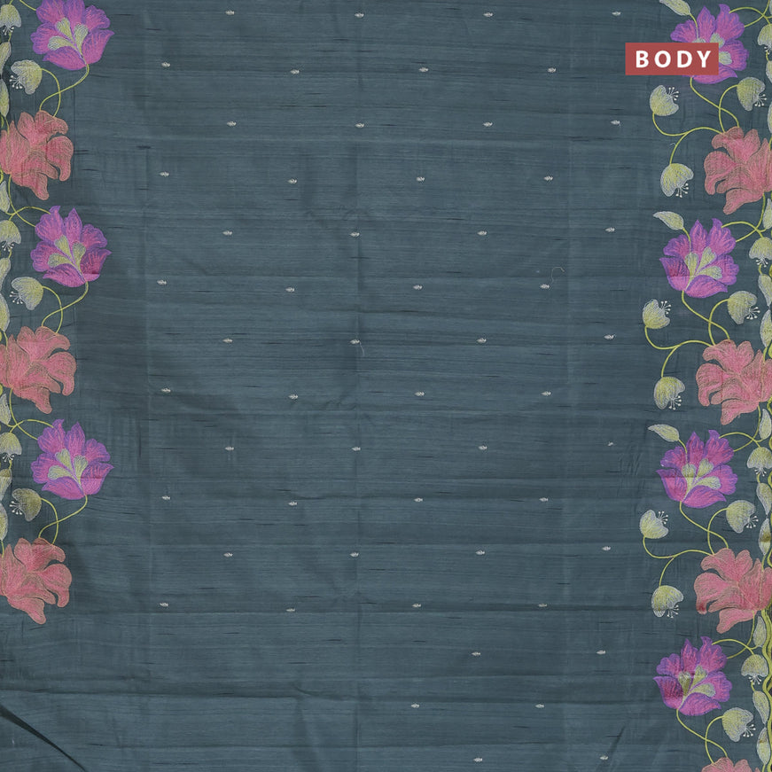 Semi raw silk saree greyish green with embroidery work buttas and floral design embroidery work border