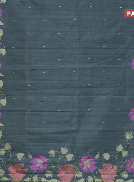 Semi raw silk saree greyish green with embroidery work buttas and floral design embroidery work border