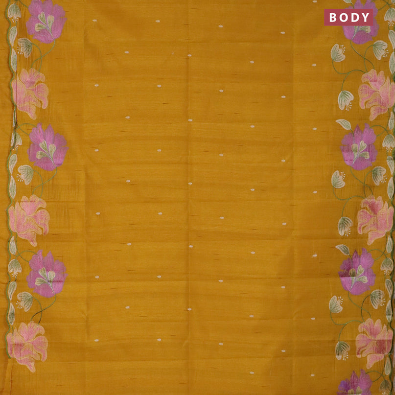 Semi raw silk saree mustard yellow with embroidery work buttas and floral design embroidery work border