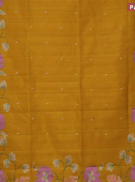 Semi raw silk saree mustard yellow with embroidery work buttas and floral design embroidery work border