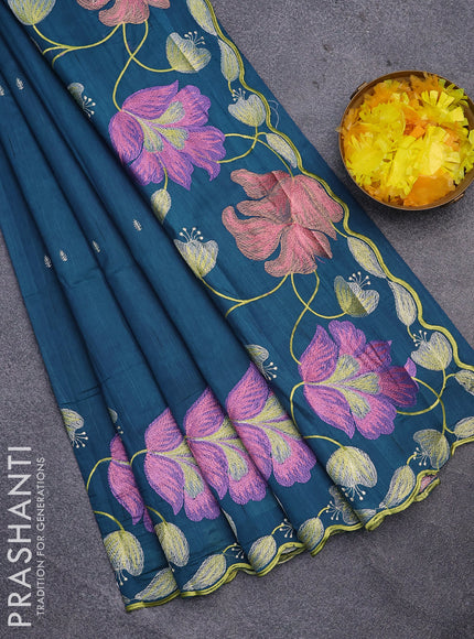 Semi raw silk saree peacock blue with embroidery work buttas and floral design embroidery work border