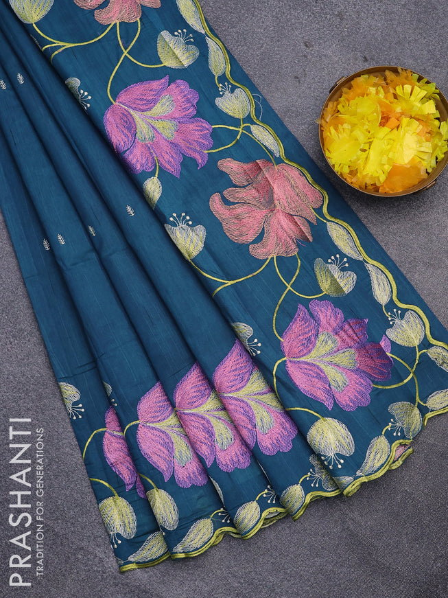 Semi raw silk saree peacock blue with embroidery work buttas and floral design embroidery work border