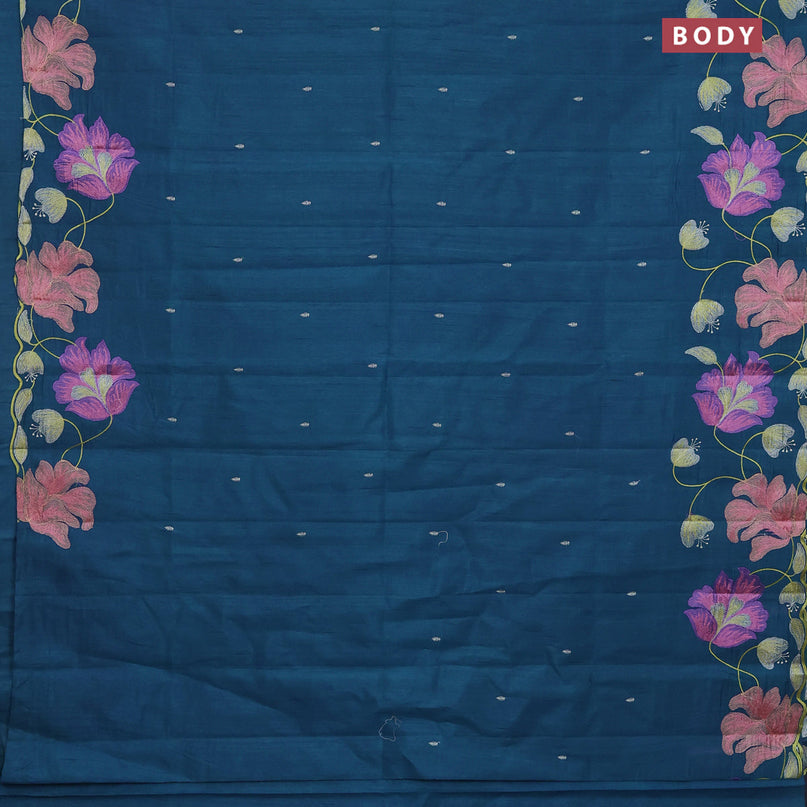 Semi raw silk saree peacock blue with embroidery work buttas and floral design embroidery work border