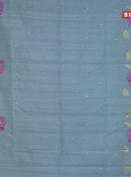 Semi raw silk saree teal blue shade with embroidery work buttas and floral design embroidery work border