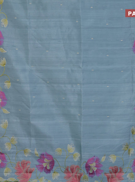 Semi raw silk saree teal blue shade with embroidery work buttas and floral design embroidery work border