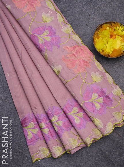 Semi raw silk saree pastel pink with embroidery work buttas and floral design embroidery work border