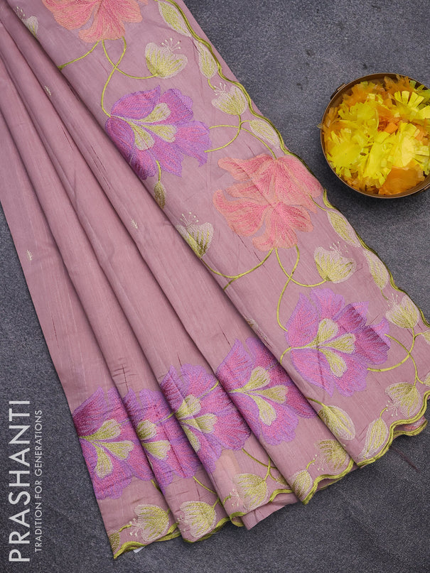 Semi raw silk saree pastel pink with embroidery work buttas and floral design embroidery work border