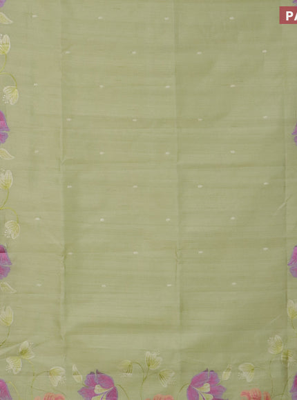 Semi raw silk saree mild pista green with embroidery work buttas and floral design embroidery work border