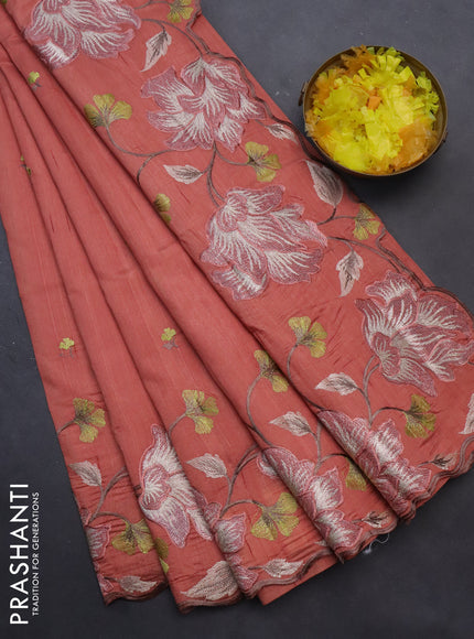 Semi raw silk saree peach orange with embroidery work buttas and floral design embroidery work border