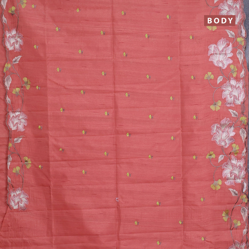 Semi raw silk saree peach orange with embroidery work buttas and floral design embroidery work border