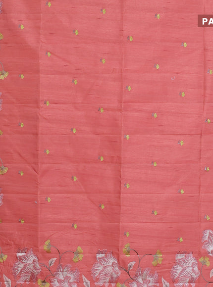 Semi raw silk saree peach orange with embroidery work buttas and floral design embroidery work border