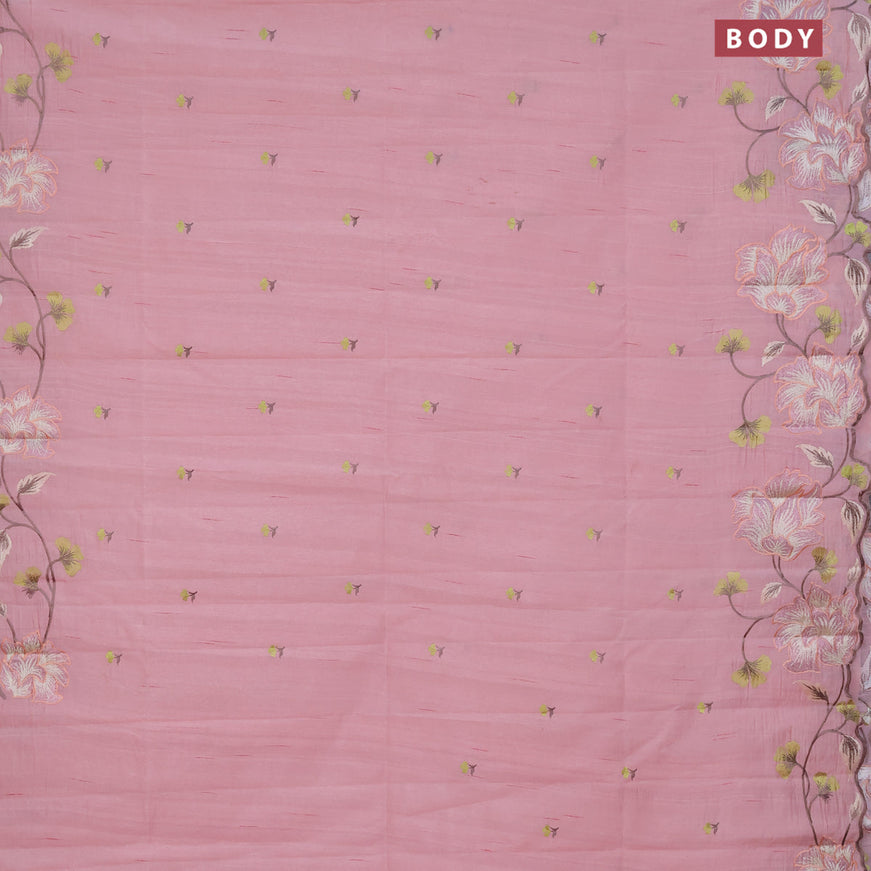 Semi raw silk saree peach shade with embroidery work buttas and floral design embroidery work border