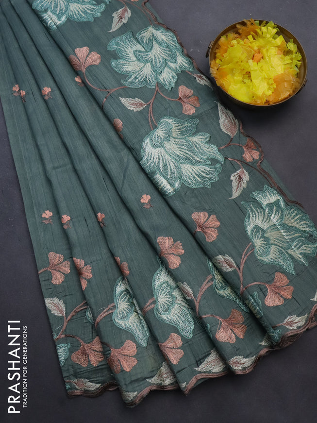 Semi raw silk saree pastel green with embroidery work buttas and floral design embroidery work border