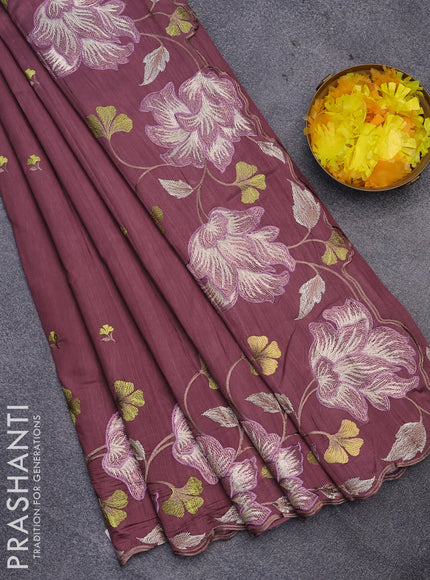 Semi raw silk saree rosey brown with embroidery work buttas and floral design embroidery work border