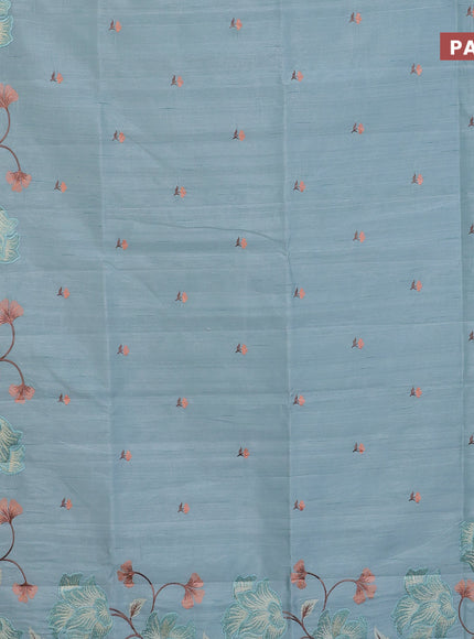 Semi raw silk saree pastel blue shade with embroidery work buttas and floral design embroidery work border