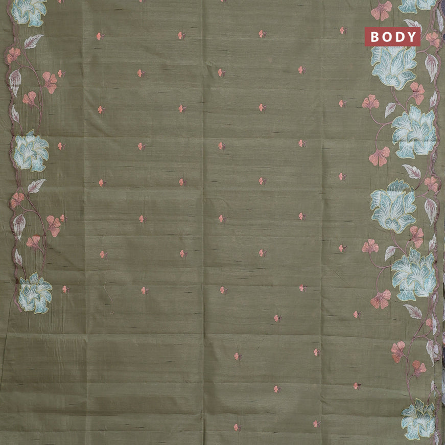 Semi raw silk saree elaichi green with embroidery work buttas and floral design embroidery work border