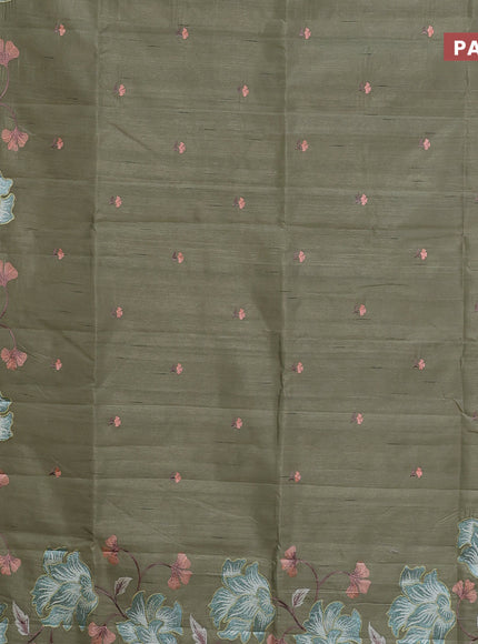 Semi raw silk saree elaichi green with embroidery work buttas and floral design embroidery work border