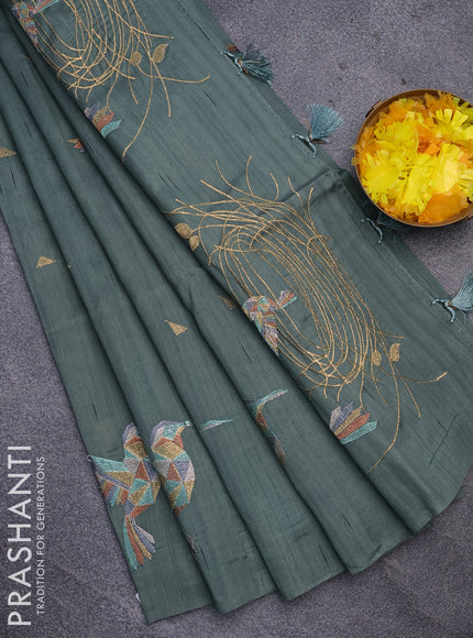 Semi raw silk saree pastel green with embroidery work buttas in borderless style