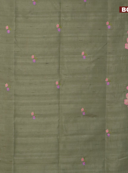 Semi raw silk saree elaichi green with embroidery work buttas and floral design embroidery work border