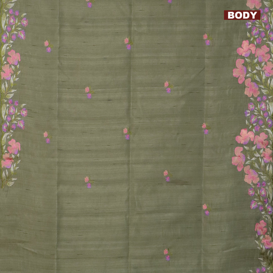 Semi raw silk saree elaichi green with embroidery work buttas and floral design embroidery work border